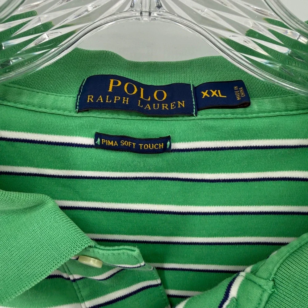 Polo Ralph Lauren Mens XXL Green Striped Pima Soft Touch Short Sleeve Polo Shirt